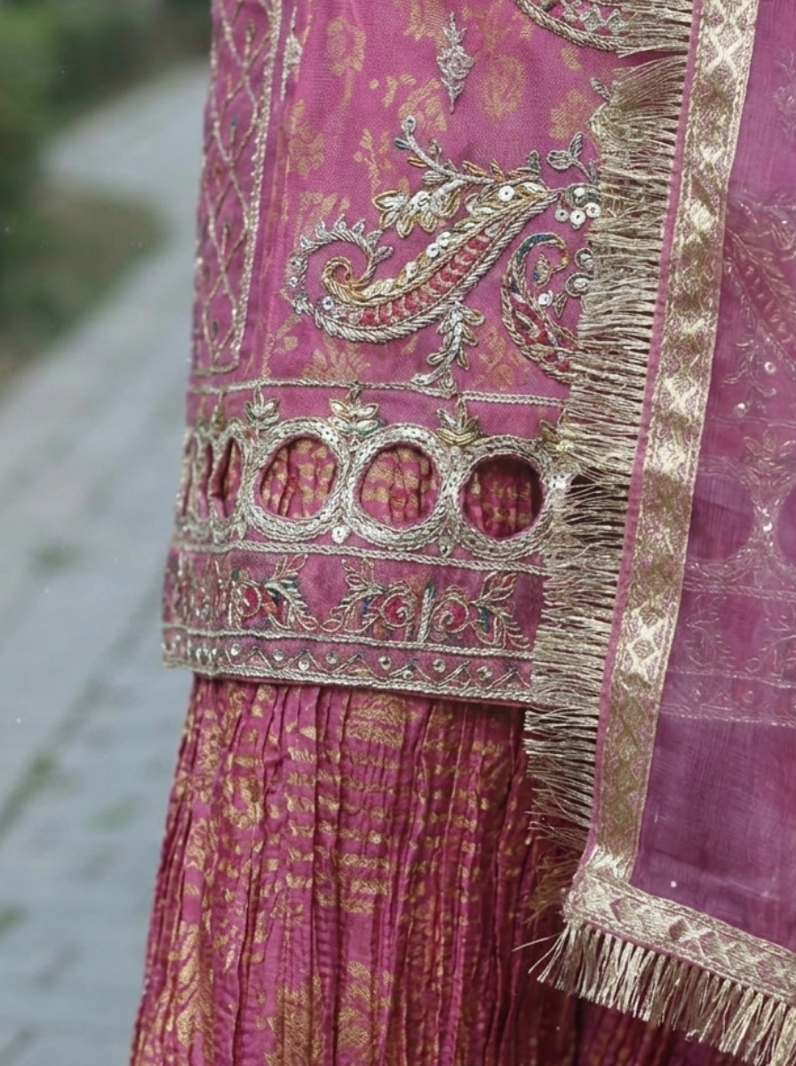 Majestic Magenta 3-Piece Embroidered Suit with Crushed Gharara