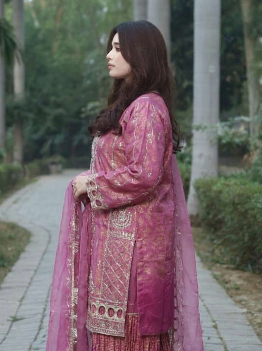 Majestic Magenta 3-Piece Embroidered Suit with Crushed Gharara