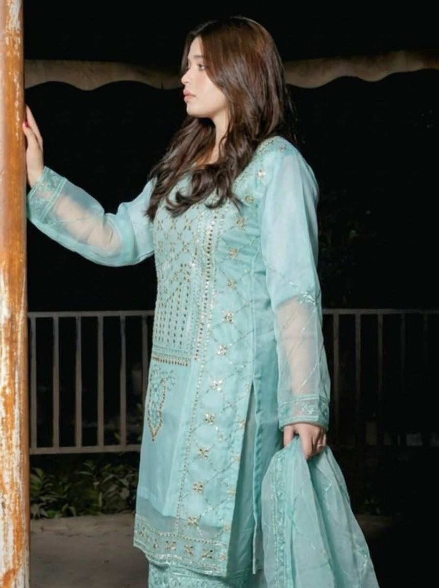 Elegant Sea Green 3-Piece Embroidered Organza Suit with Straight Trousers