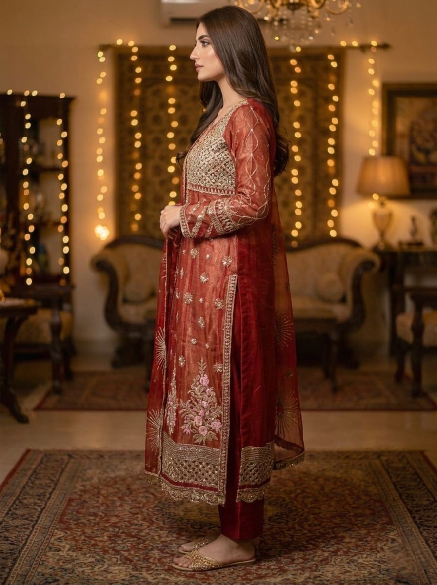 Regal Maroon & Gold Embroidered Bridal Maxi Set – 3 Piece Formal Wear