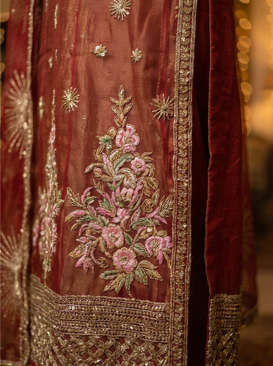 Regal Maroon & Gold Embroidered Bridal Maxi Set – 3 Piece Formal Wear