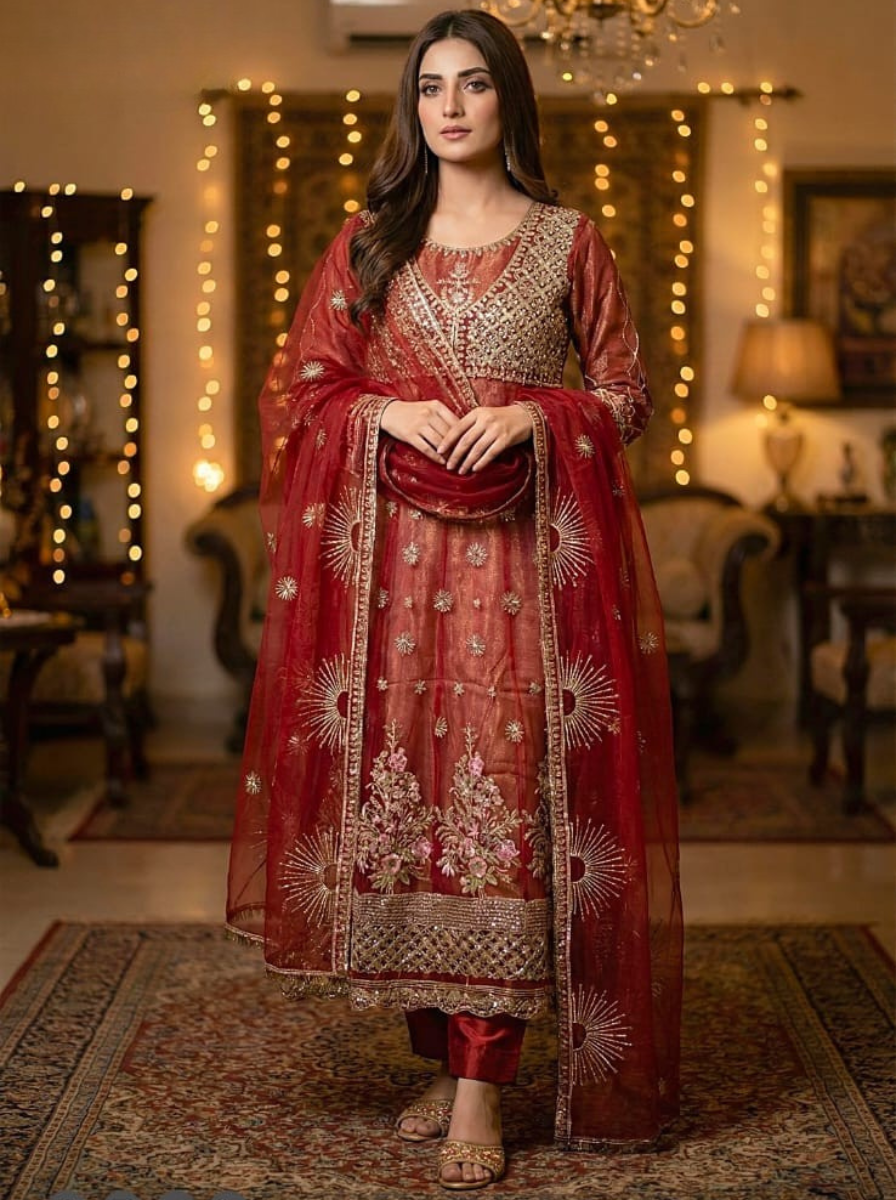 Regal Maroon & Gold Embroidered Bridal Maxi Set – 3 Piece Formal Wear