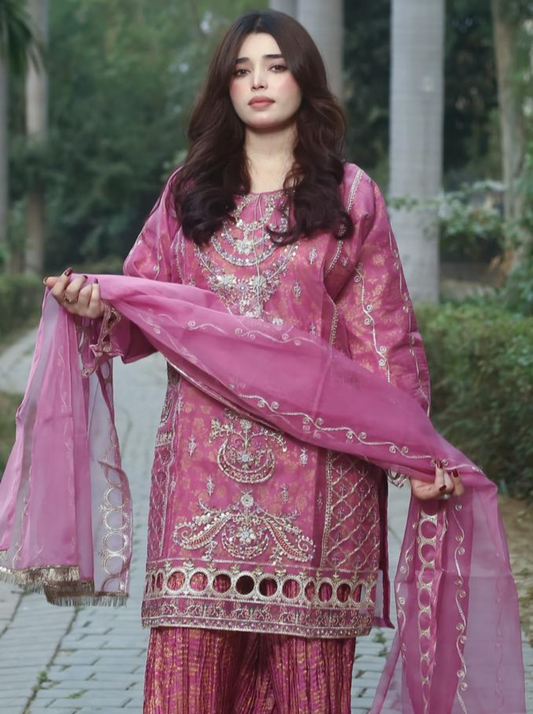 Majestic Magenta 3-Piece Embroidered Suit with Crushed Gharara