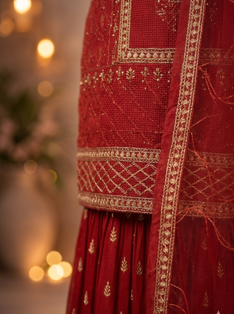 Ruby Red 3-Piece Embroidered Chiffon Sharara Set with Gold Accents