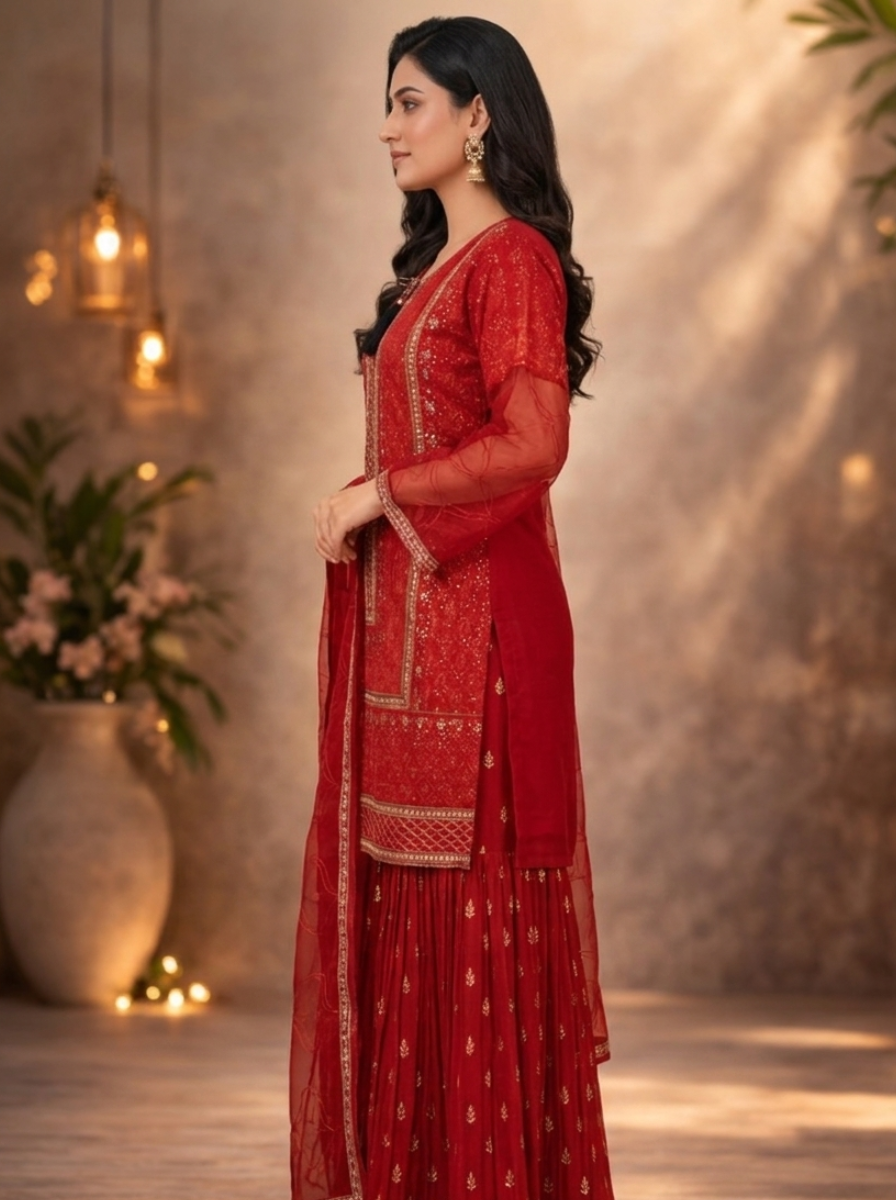 Ruby Red 3-Piece Embroidered Chiffon Sharara Set with Gold Accents