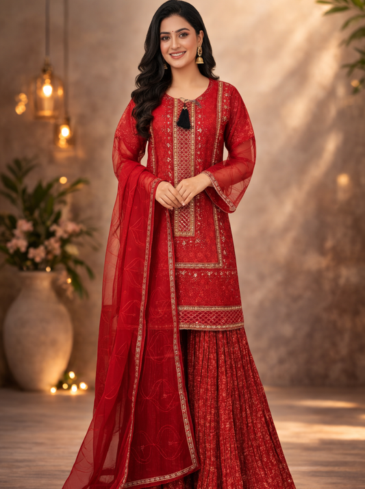 Ruby Red 3-Piece Embroidered Chiffon Sharara Set with Gold Accents
