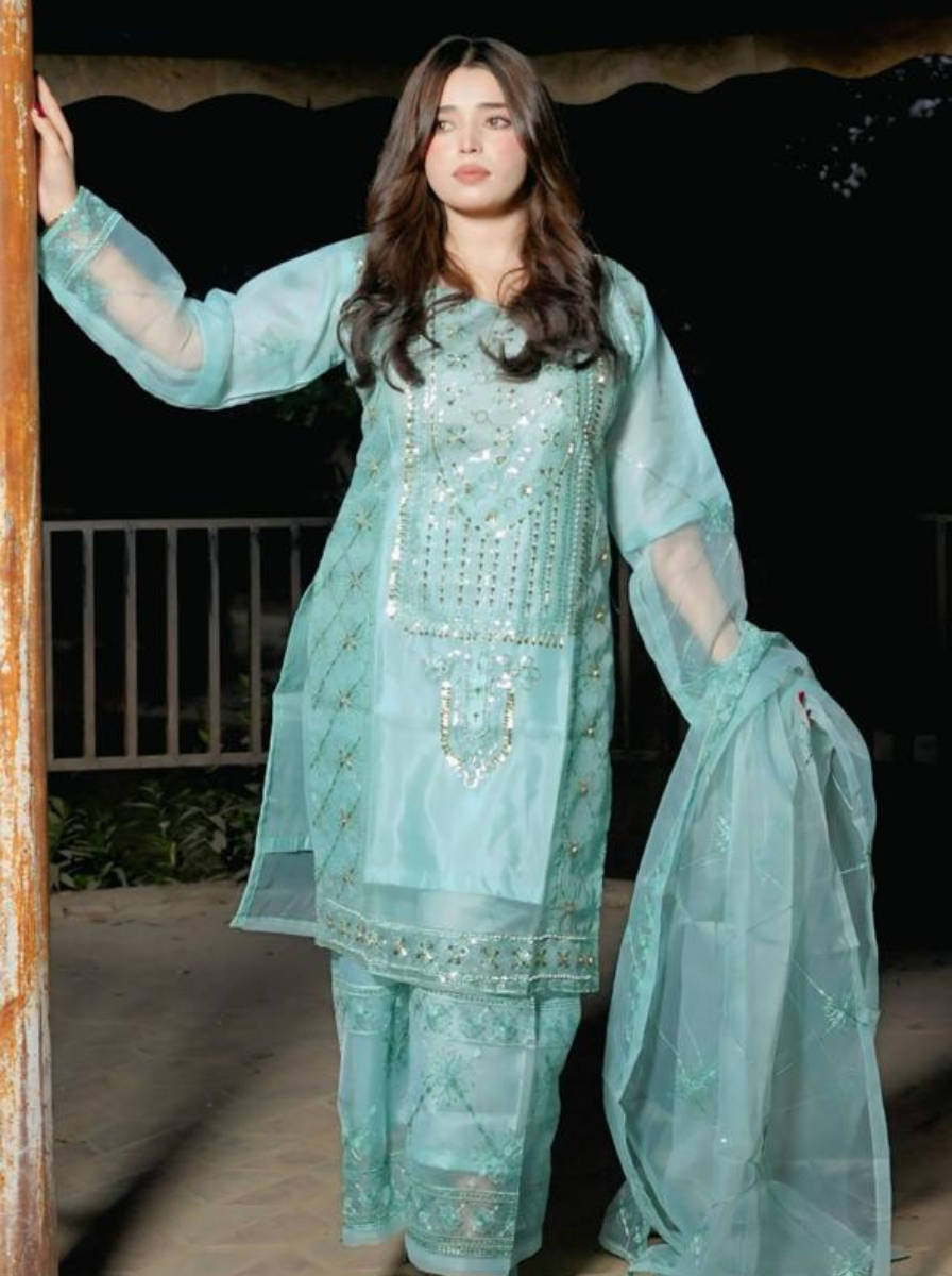 Elegant Sea Green 3-Piece Embroidered Organza Suit with Straight Trousers