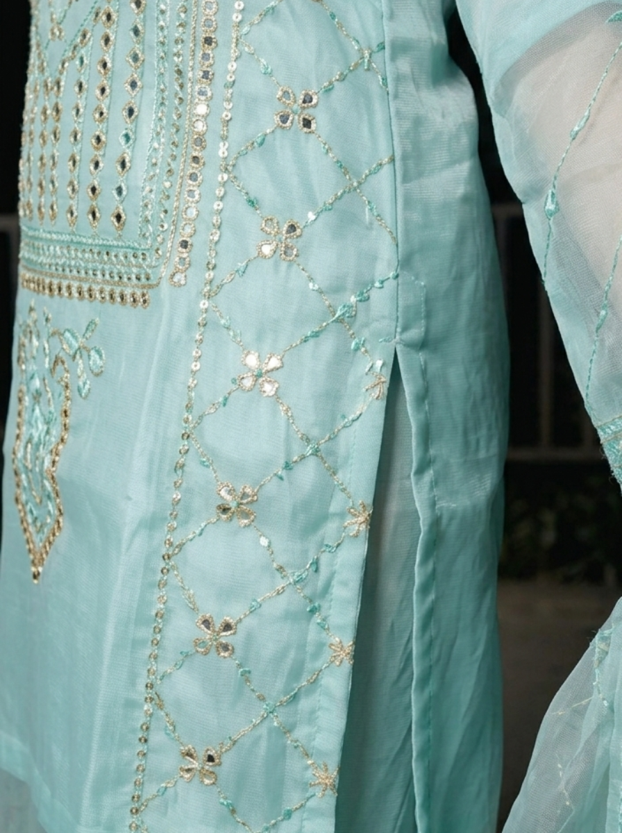 Elegant Sea Green 3-Piece Embroidered Organza Suit with Straight Trousers